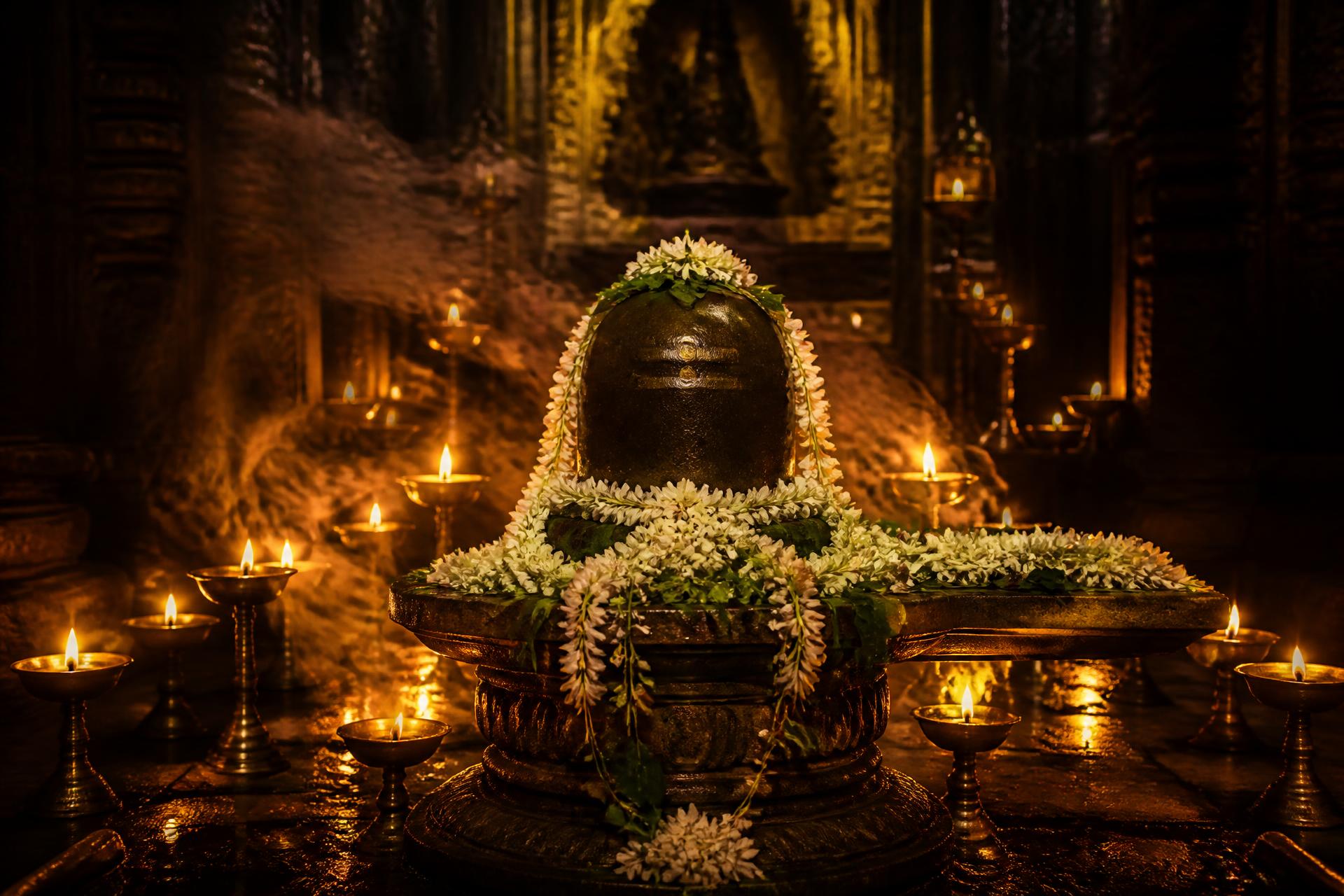 Shivling adorned with flowers and glowing diyas inside a temple sanctum