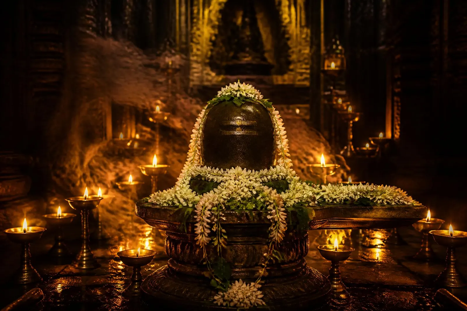 Shivling adorned with flowers and glowing diyas inside a temple sanctum